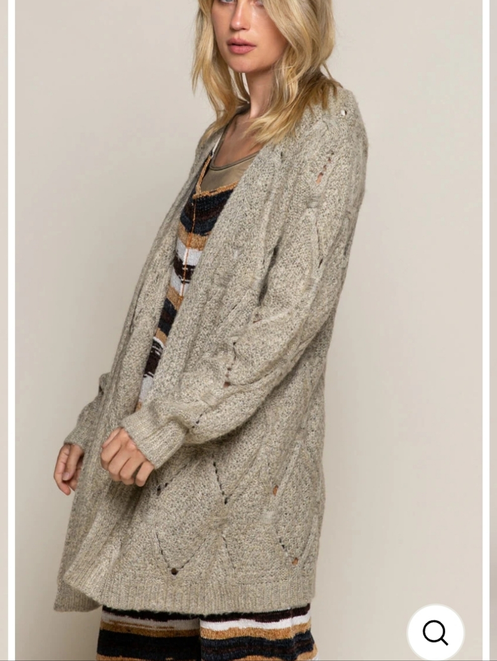 POL Wool Blend Oversized  Long Open-Front Knit Cardigan in Light Taupe Oatmeal